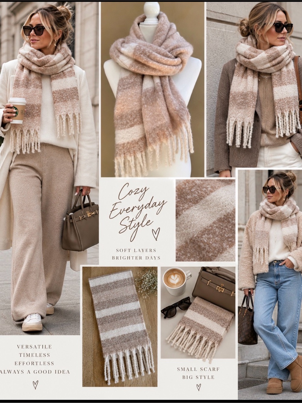 Large Chunky wide striped scarf Beige NWOT price firm!